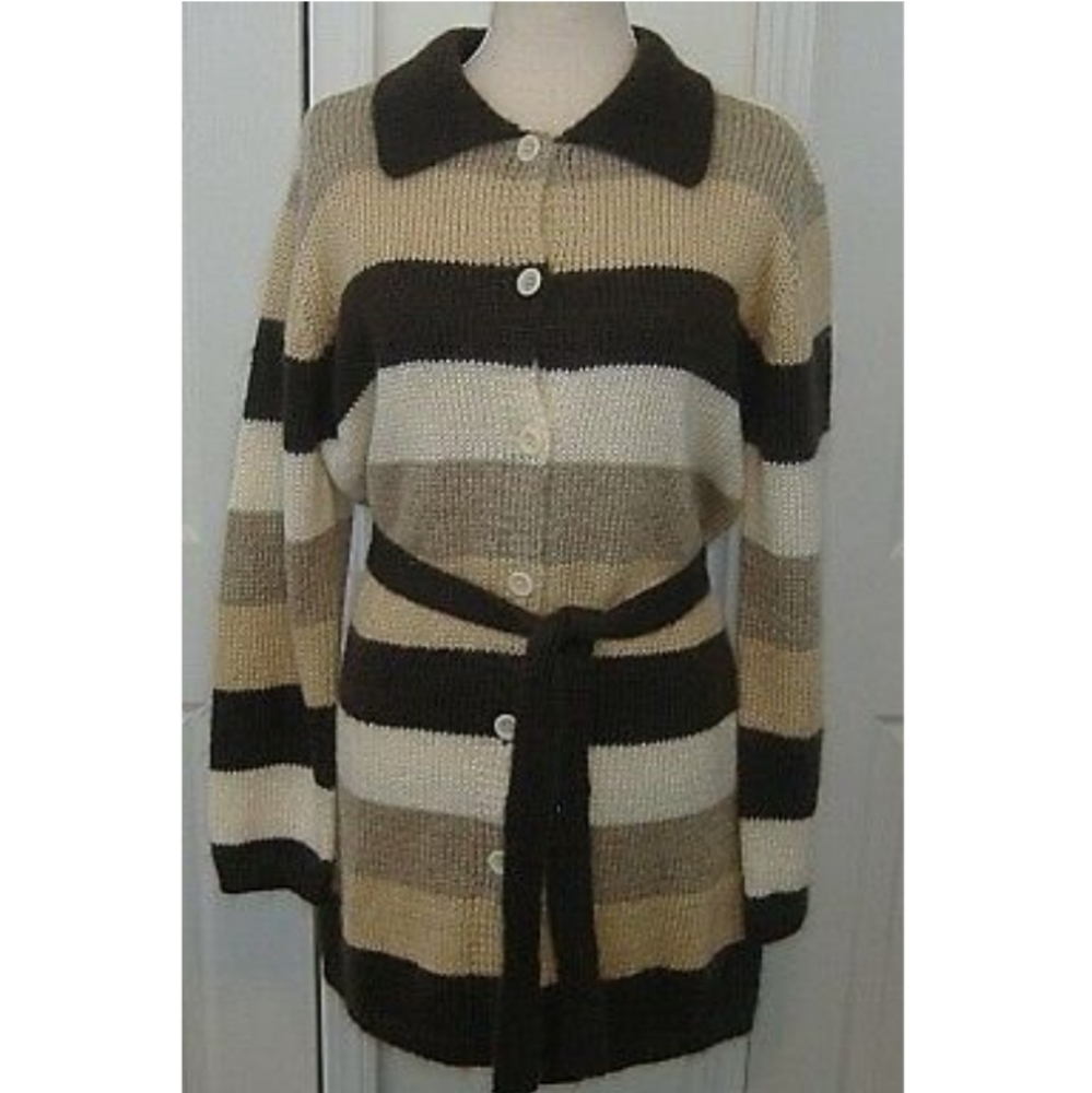 Mohair Blend Long Cardigan Belted Sweater Stripe women's M
